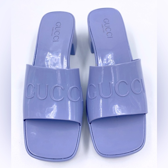 Authentic Gucci Designer Rubber Shiny Plastic Block Heel Sandals Purple 39 9 EUC - Picture 1 of 8